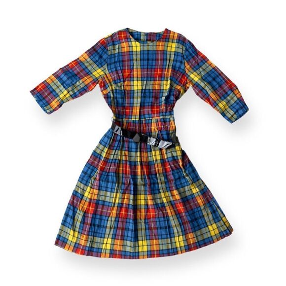 Handmade Vintage 60s Multicolor Buffalo Check Midi Dress with Belt Women's S - Picture 1 of 5